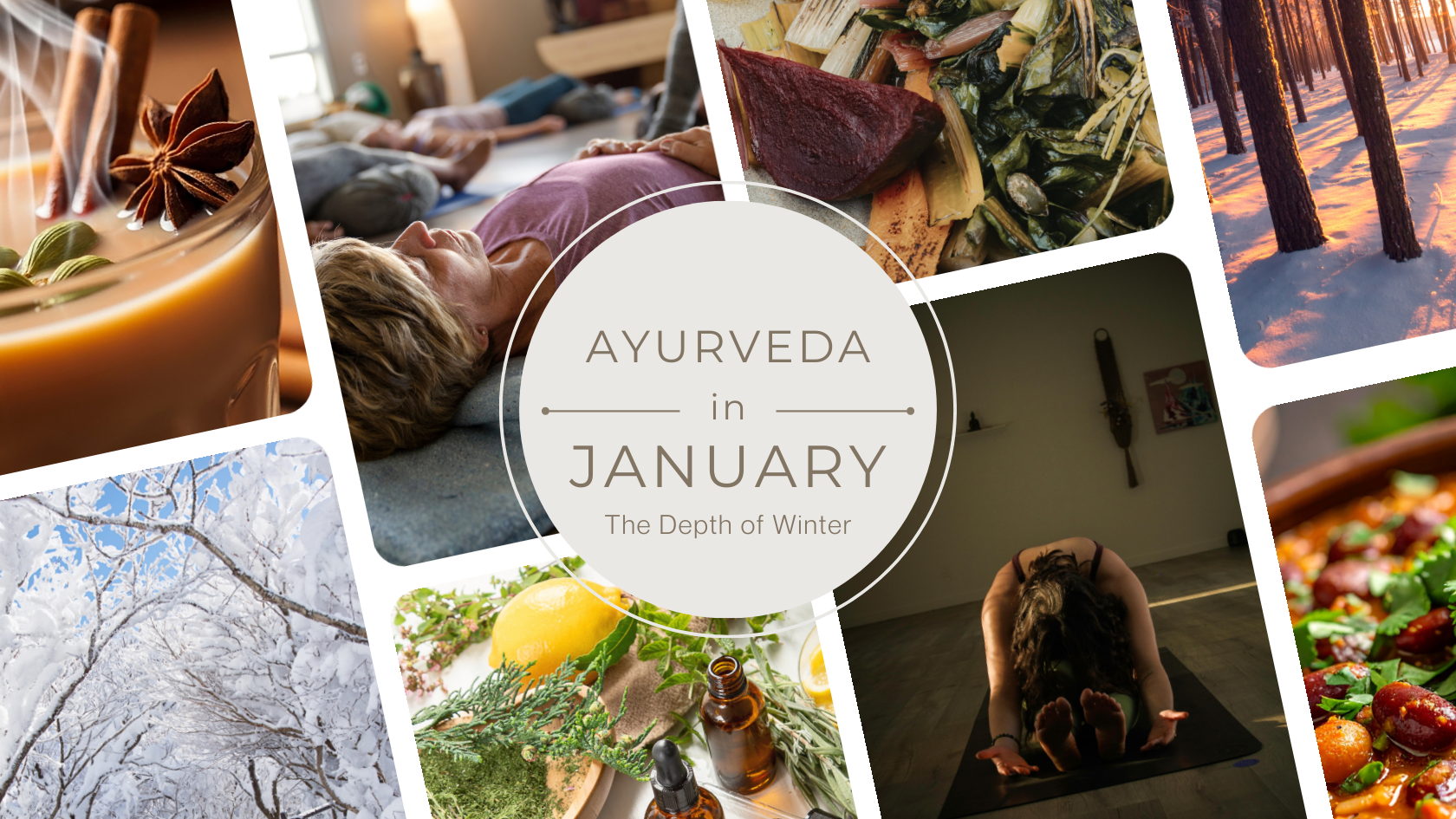 Winter scene with warming foods and cozy elements representing January Ayurvedic kapha-vata season wellness