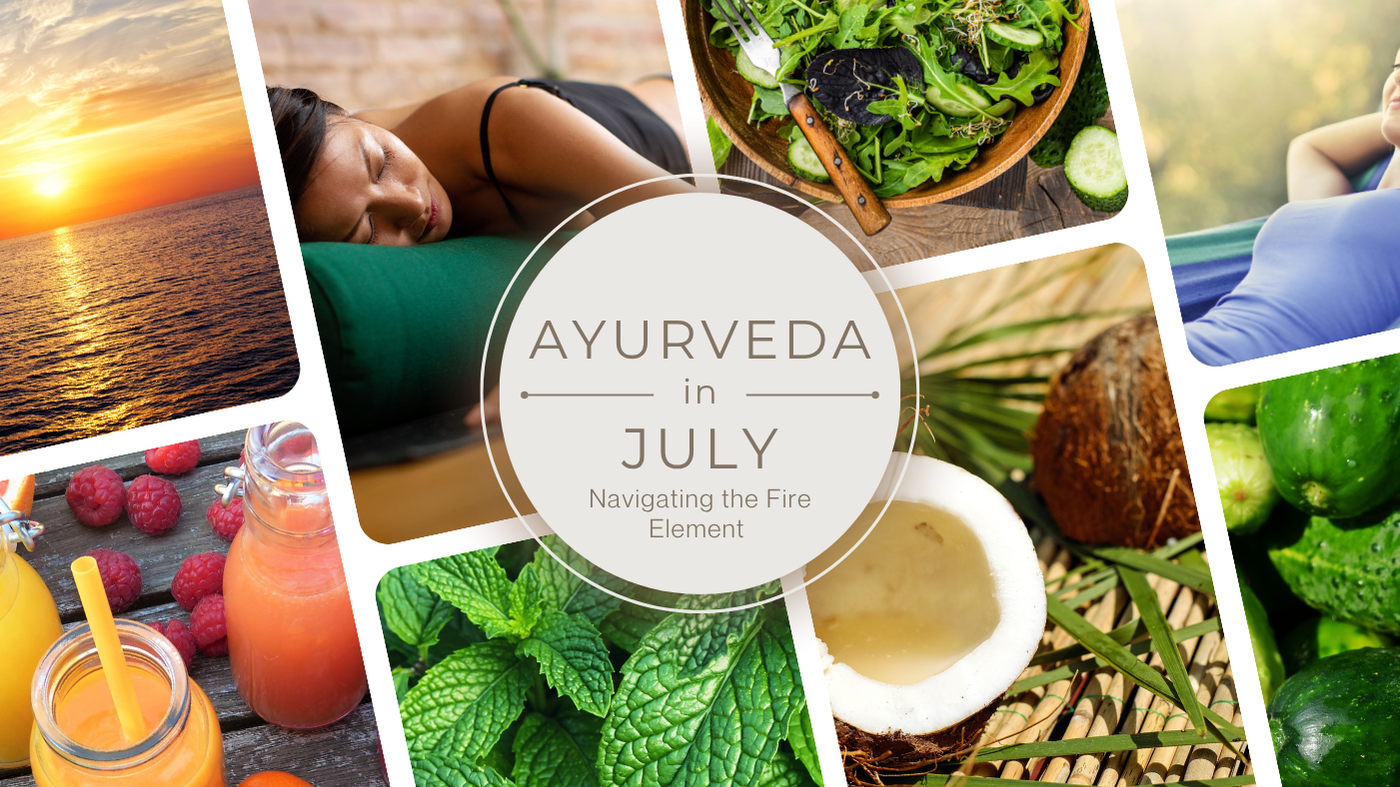 Cooling Ayurvedic diet and lifestyle practices including resting, mint, salad, coconut, juice